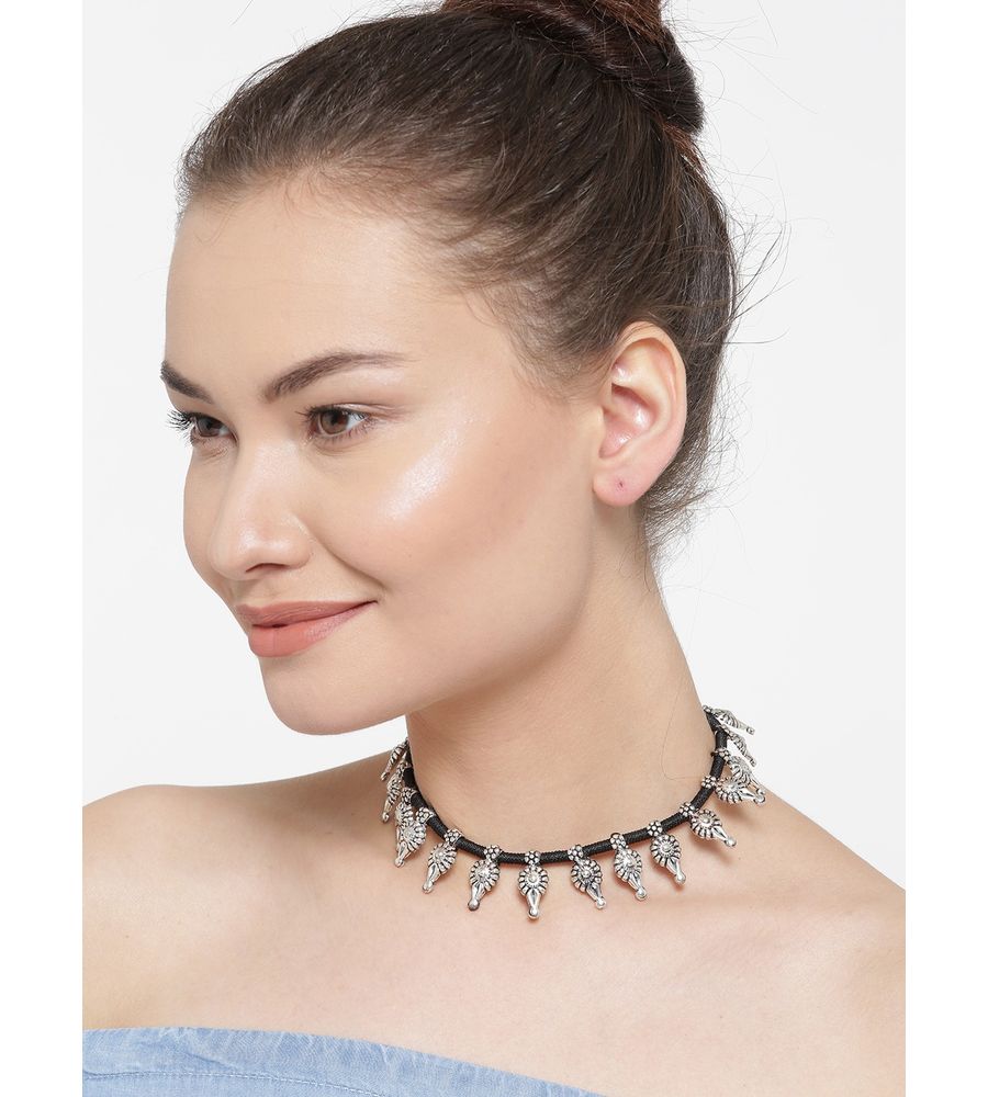YouBella Oxidised Silver-Toned  Black Metal Necklace